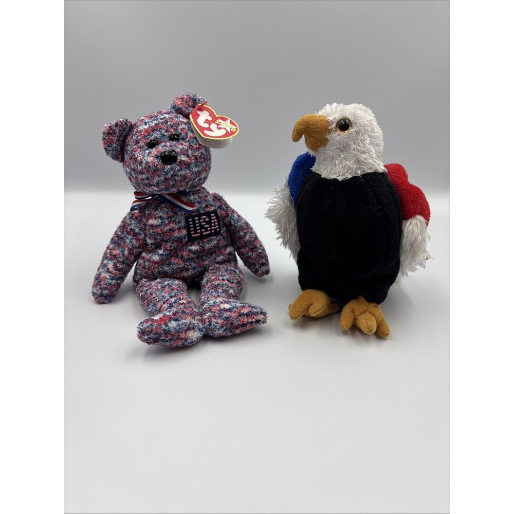 TY Beanie Baby LOT 2 Bear USA Millennium Edition 2000‎ And FREE Bald Eagle 2004